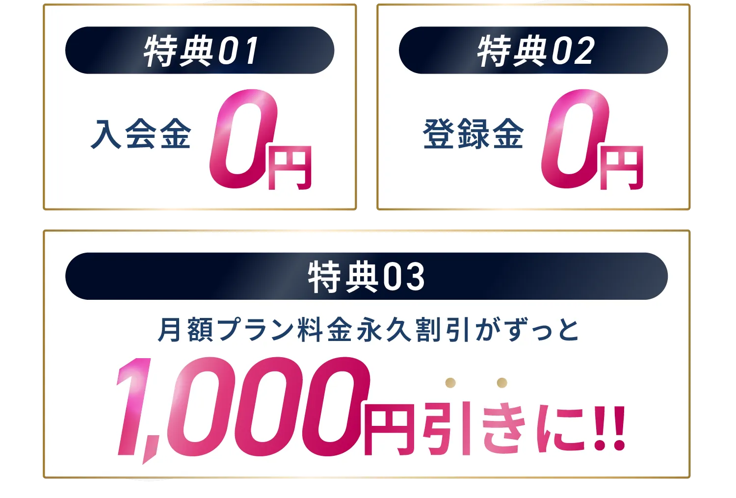 特典01:入会金0円　特典02:登録金0円　特典03:月額プラン料金永久割引がずっと1,000円引きに！