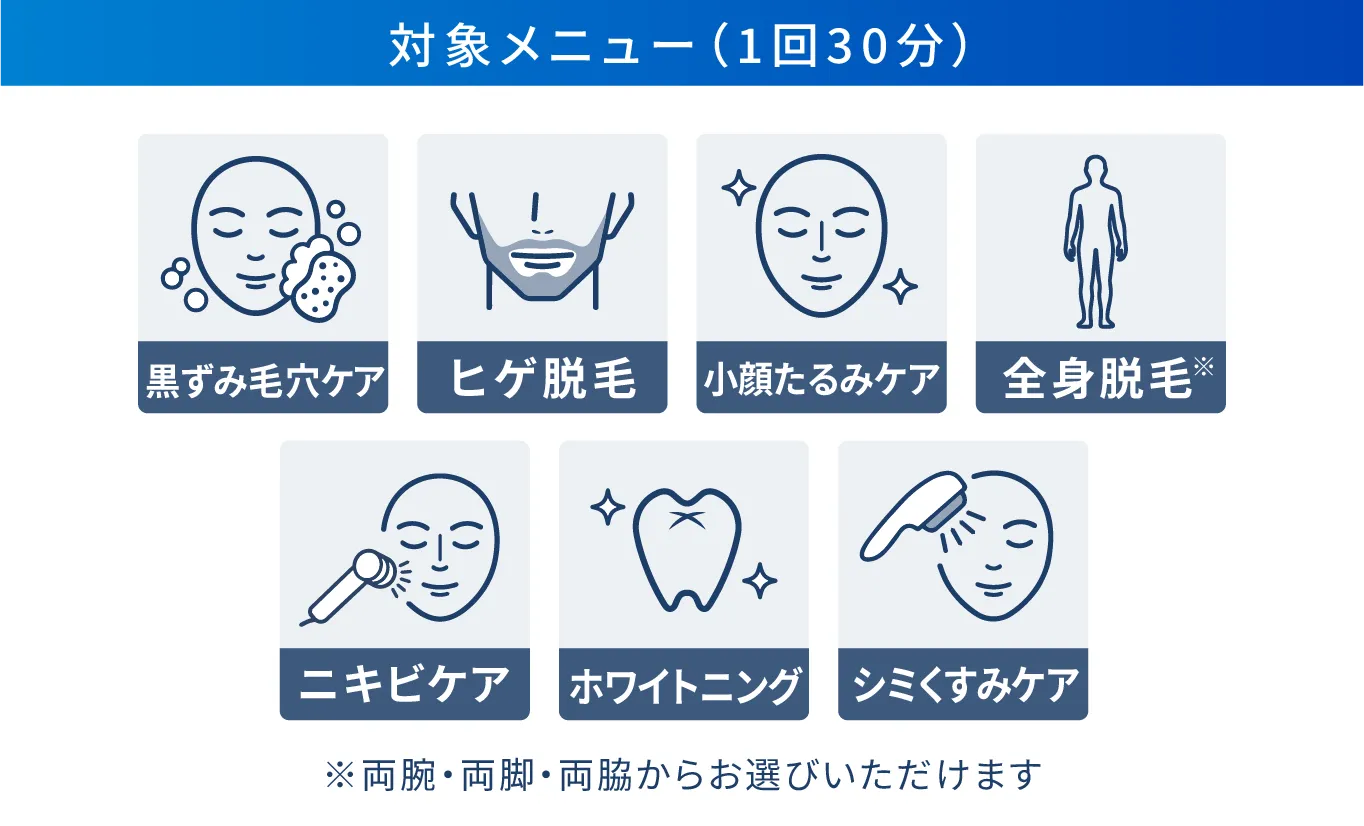 対象メニュー（1回30分）：黒ずみ毛穴ケア・ヒゲ脱毛・小顔たるみケア・全身脱毛・ニキビケア・ホワイトニング・シミくすみケア ※両腕・両脚・両脇からお選びいただけます