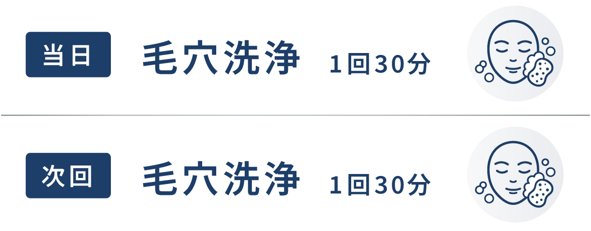 当日：毛穴洗浄 1回30分、次回：毛穴洗浄 1回30分