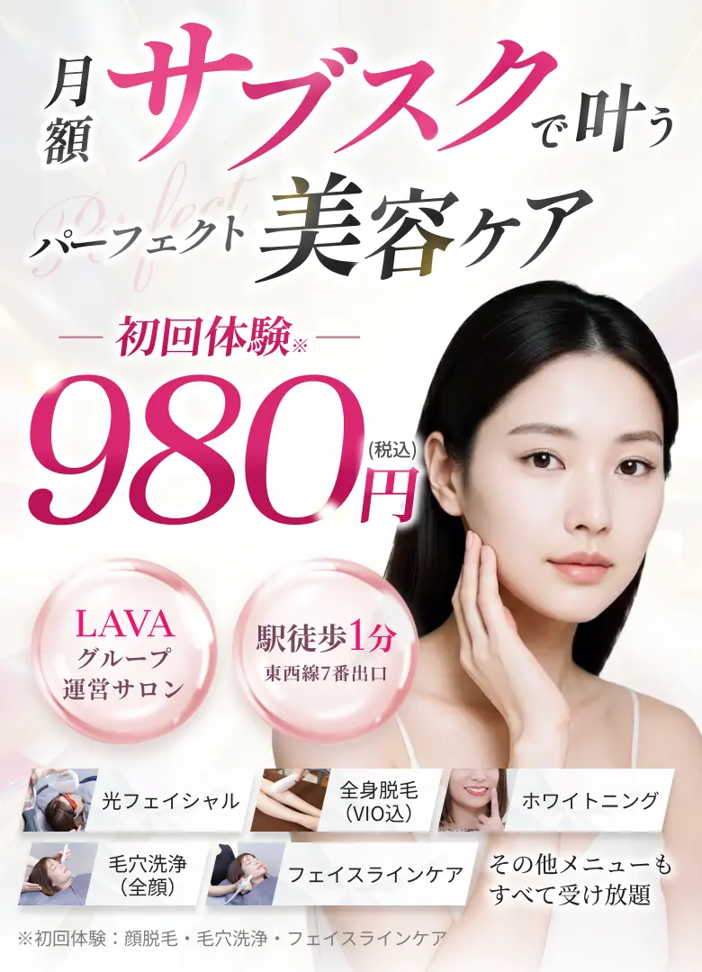月額サブスクで叶うパーフェクト美容ケア 初回体験980円 LAVAグループ運営サロン 駅徒歩1分東西線7番出口 5つのメニュー
